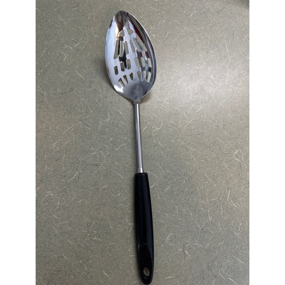 Vintage EKCO Slotted Serving Spoon 12” Black Handle Chromium Plated USA